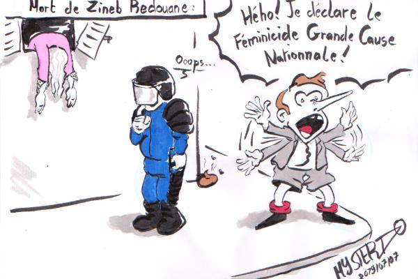 News drawing by Myster Ty - Death of Zineb Redouane.
- While a cop assassin caught in the act of having murdered Zineb Redouane stands without prosecution, little Emmanuel shouts on the street corner: "Hey! Ho! I declare feminicide a great national cause!"