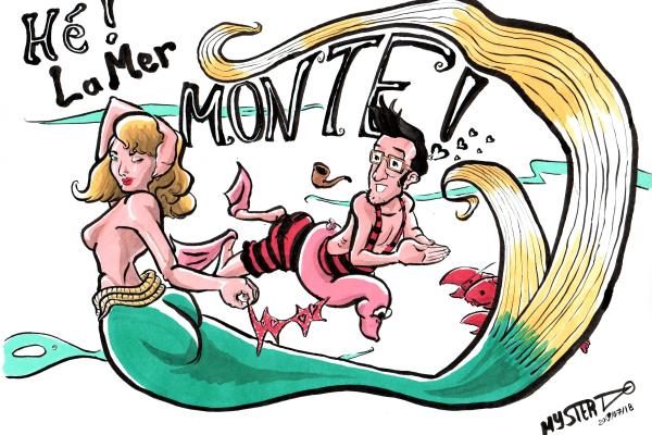 Drawing by Myster Ty - Hey, the sea is rising!

Swimming in the seabed, Prof. Feuillage, in an old-fashioned black and red striped bathing suit, with a pink duck buoy, lets go of his pipe and turns his head to watch a mermaid winking at him while removing her bra.