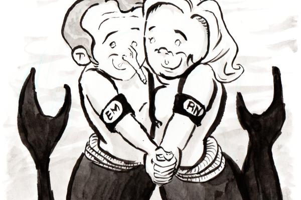 Indian ink drawing by Myster Ty: Emmanuel Macron and Marine Le Pen, hands in hand and with a big smile, an RN and EM armband on the arm of their respective leaders, represented as mermaid-sharks.