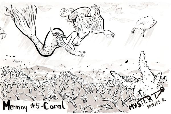 Dessin de Myster Ty : une sirène, nageant au milieu des déchets et des sacs plastiques, pleure en contemplant une étendue de coraux morts et blanchi.