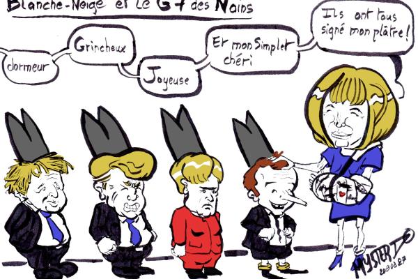 News drawing by Myster Ty.
Brigitte Macron, her arm in a cast, calls on the G7 dwarves:
- "Sleepy (Boris Johnson), Grumpy (Donald Trum), Happy (Angela Merckel - who is acting out), and of course, my little Dopey Cherit (patting little Emmanuel on the head)".
- “And they all signed my cast!”