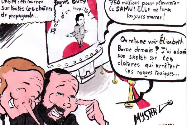 News drawing by MysterTy:
Macron and Philippes leave a theater where Agnès Buzyn is showing: “I dream of a hospital”
- Macron: “750 million to reinvent the SAMU, it will always make me laugh”
- Philippes: "Are we going back to see Élisabeth Borne tomorrow? I loved her sketch on fences that stop toxic clouds."
