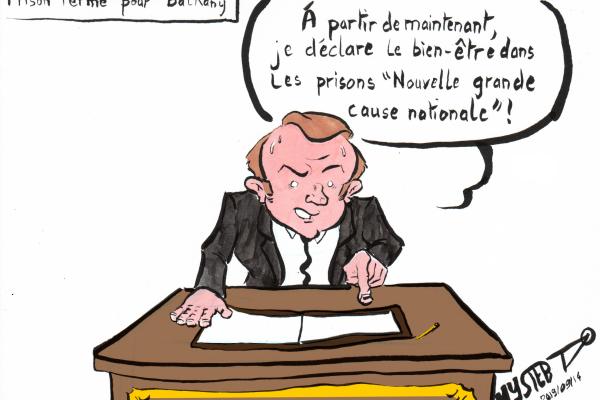 Dessin d'actu par MysterTy : Balkany en prison.
- Macron, en panique : "Je déclare le bien être en prison nouvelle grande cause nationale !"
