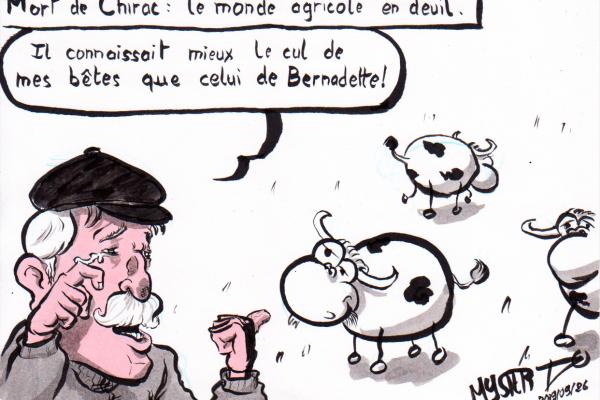 News drawing by MysterTy: The agricultural world in mourning.

A farmer in tears, in front of his cows: “He knew the ass of my animals better than that of Bernadette!”