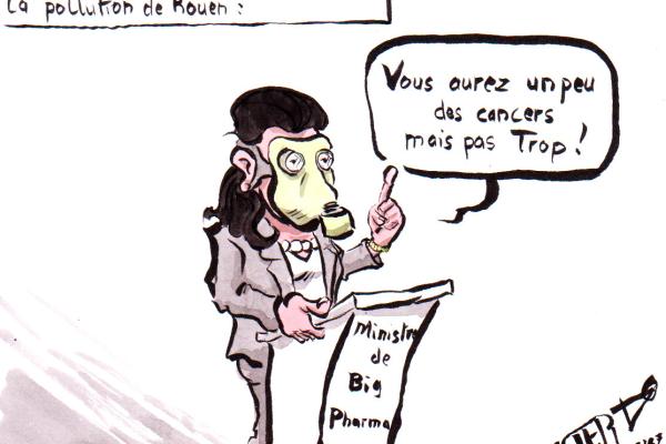 News drawing by Myster Ty: Agnès Buzyn “clearly” recognizes the pollution in Rouen. Agnès Buzyn with a gas mask: “You will have a little cancer, but not too much”