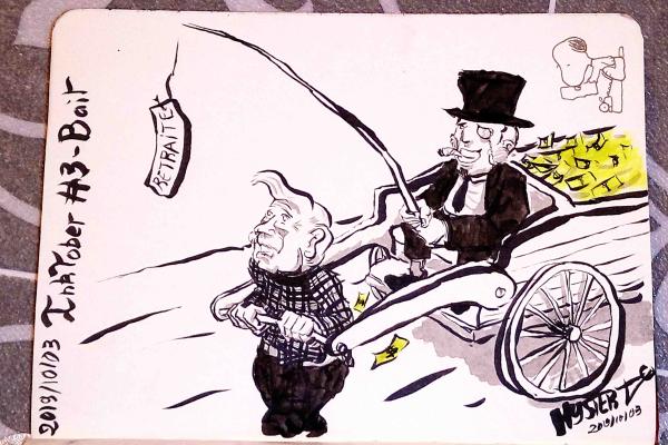 Dessin d'actu par Myster Ty : Un ouvrier tire une lourde charrette chargée uniquement d'argent, alors que le patron l’appâte toujours plus avec une hypothétique retraite.