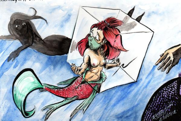 Mermay by Myster Ty: a mermaid is rejected and finds herself in a hostile world. She wears the mask and continues to protect herself with an aquarium that she wears above her bust.