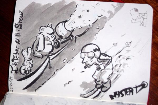 Dessin par Myster Ty : Un ours et un lapin regardent de travers un skieur qui profite du canon à neige.