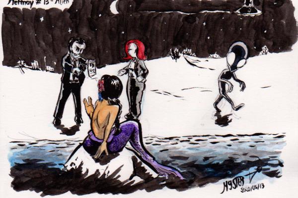 Mermay by Myster Ty, Mulder robs a mermaid on the beach under the accusing gaze of Skully while an Alien becomes very small in the night...