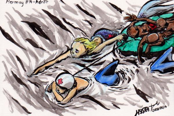 Mermay par Myster Ty : Deux sirène secouristes essayent de sauver un canot à la dérive portant des réfugiés déshydratés essayant de traverser la méditerranée.