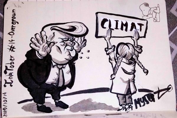 Drawing by Myster Ty: Trump makes a face and sticks out his tongue at Gretta Thunberg.
