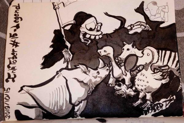 Drawing by Myster Ty: Death welcomes into its midst a Java rhino which joins the extinct species. He is awaited by a dodo and other animals of extinct species.