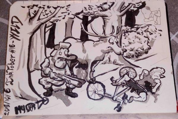 Drawing by Myster Ty: a hunter shoots down a cyclist. The deer next to it is in shock.