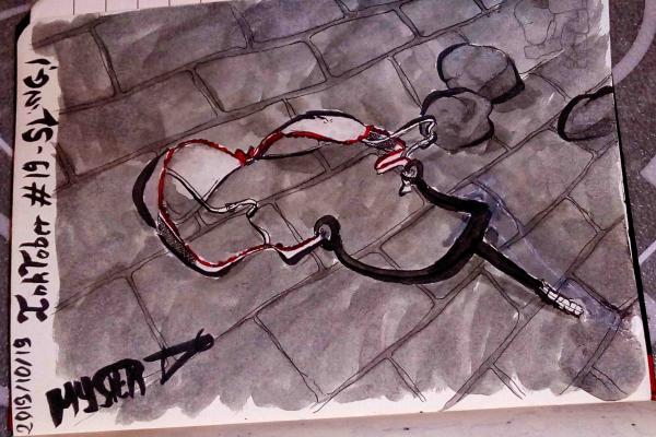 Drawing by Myster Ty: on the cobblestones, a slingshot. The slingshot is made of a bra, to send 2x more stones.