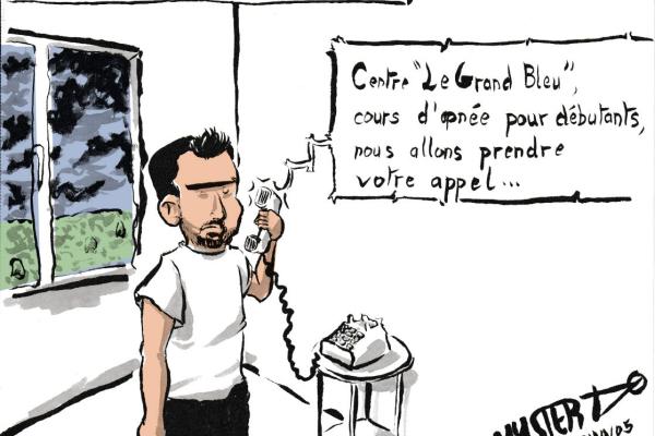 News drawing by Myster Ty.
Lubrizol: setting up a toll-free number.
A man on the phone: “Le Grand Bleu diving center, freediving courses for beginners, we will take your call.”