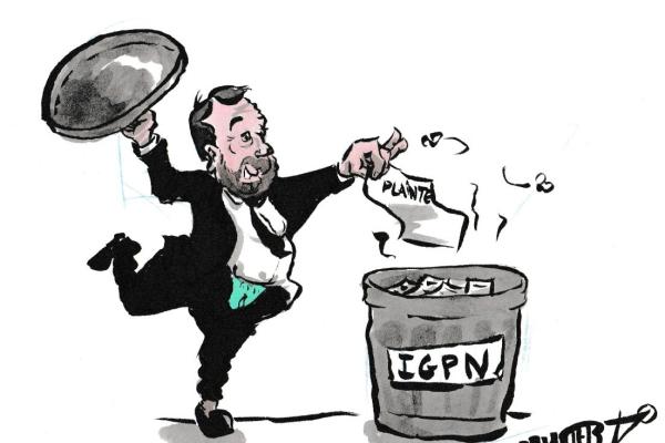 News drawing by Myster Ty: Castaner, his underwear showing and his tie around his head, throws a file into a trash can labeled “IGPN” with a big smile.