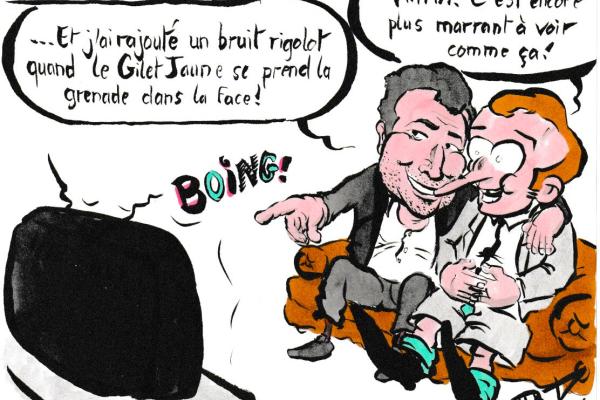 News drawing by Myster Ty: Bernard Montiel at the Élysée.
- Bernard Montiel, showing the TV to Macron: “And there, I added a funny noise when the Yellow Vest gets the grenade in its mouth!”
- the TV: “BOïNG!”
- Little Emmanuel: “Haha! It’s even funnier to see like that!”
