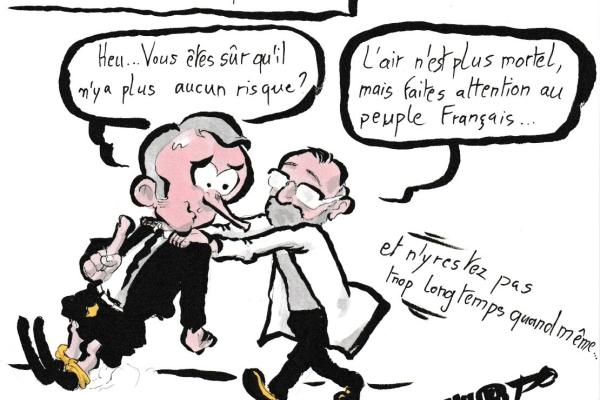 News drawing by Myster Ty: Macron's visit to Lubrizol after 1 month.
- Macron, dragging his feet to go to Lubrizol: “Um… are you sure there is no longer any risk?”
- a scientist, pushing him: "The air is no longer deadly but be careful of the French people... and don't stay there too long anyway!"