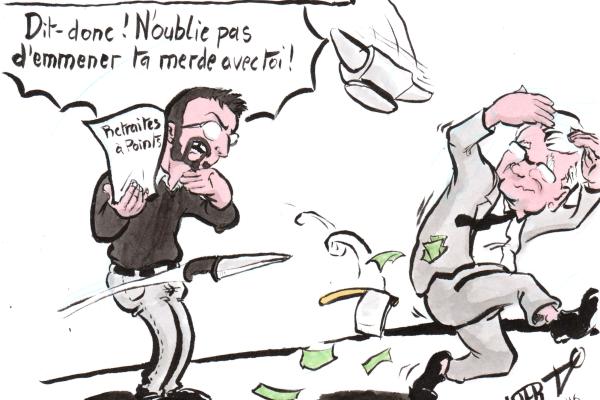 News cartoon by Myster Ty: Delavoye forced to resign.
My character, brandishing the text of the pension law, while Delavoye runs away under a shower of projectiles: “Hey, don’t forget to take your shit with you!”
