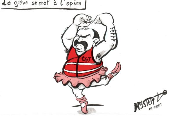 News drawing by Myster Ty: Philippe Martinez participates in the strike in a tutu and ballerinas!