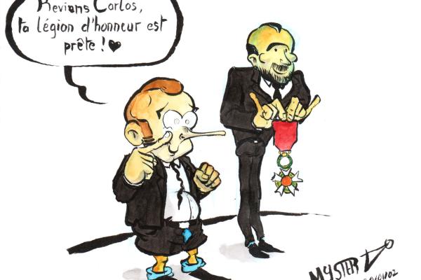 Dessin d'actu par Myster Ty : Macron et Philippe, pleurant de joie : "Reviens Carlos Ghosn, ta légion d'honneur t'attend !"