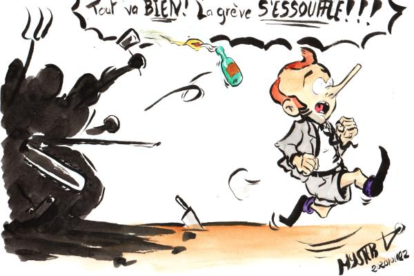 News drawing by Myster Ty: Macron, pursued by demonstrators, under a rain of projectiles: "Everything is fine! The strike is running out of steam!!!!!"