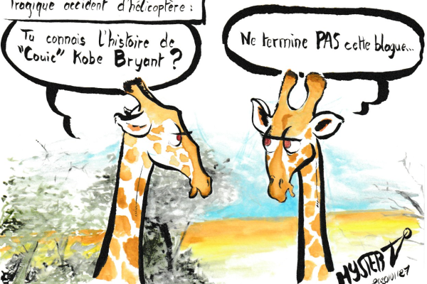 Current watercolor drawing by Myster Ty: 2 giraffes chatting in the savannah: "Do you know the story of Cuic Kobe Bryant?" - “Don’t finish this joke.”