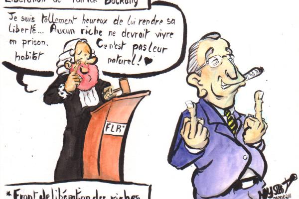 News drawing by Myster Ty: Balkany delivered. Balkany, with a smile on his face, gives big fingers of honor to justice. The judge, from the Front for the Liberation of the Rich, with tears in his eyes, announced: "I am so happy to give him back his freedom... No rich person should live in prison. This is not their natural habitat!"