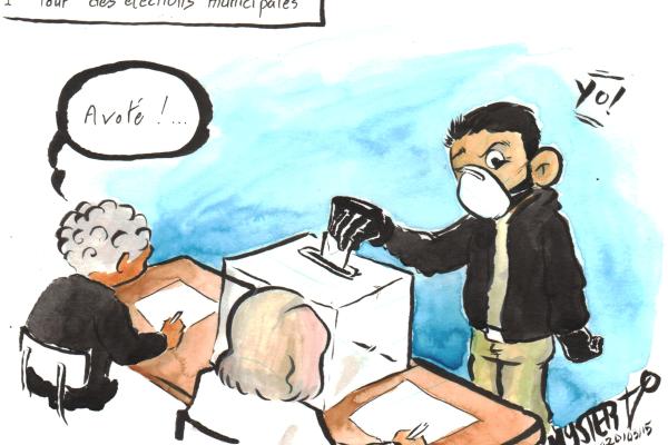 News drawing by Myster Ty: 1st round of the 2020 municipal elections. My character votes while wearing an FFP3 mask. The assessor announces: “Voted”.