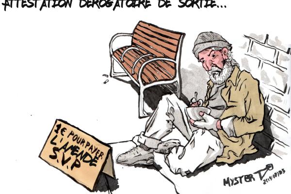 News cartoon by Myster Ty: A homeless man asks for 1€ or 2 to pay his fine for violating confinement.