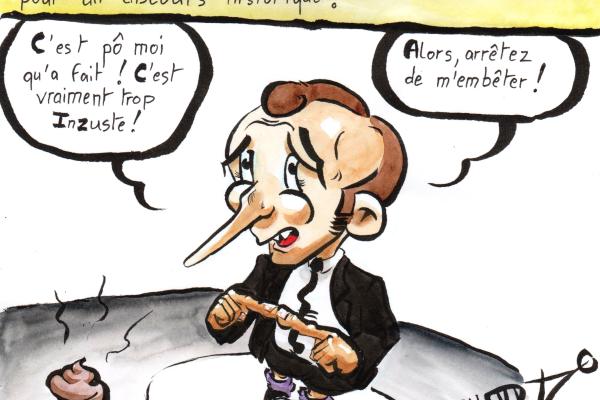 Dessin d'actu par Myster Ty : En pleine crise sanitaire, Macron, devant un étron frais, rompt le confinement pour un discours historique :
- "c'est pas moi qu'à fait, c'est vraiment trop inzuste ! Alors arrêtez de m'embêter !"