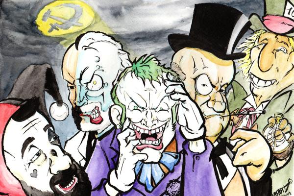 Current drawing by Myster Ty in watercolor: The government in the DC Comics style.
In the center, Macron is the Joker. Around him, we find:
- Blank in Penguin,
- Castaner in Harley Queen,
- Edouard Philippe in Double Face,
- Pénicau as Mad Hatter.
The reported bat is lit, but it is a sickle and a hammer.
