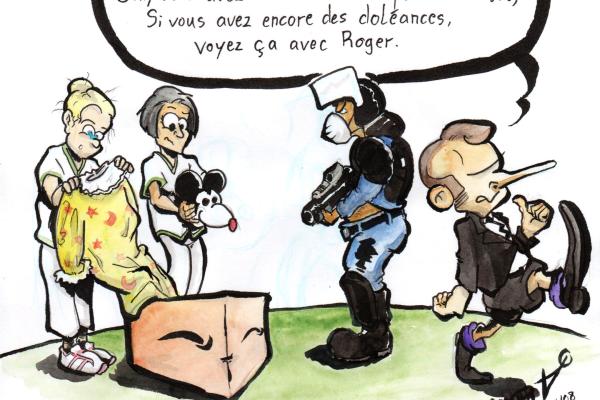 News drawing by Myster Ty: Macron delivers medical equipment to nurses.
- the nurses discover a clown outfit and a Mickey mask, under the supervision of a CRS fully equipped with an FFP2 mask.
- macron, leaving: “Here is your whining material. Now if you still have grievances, see it with Roger.”