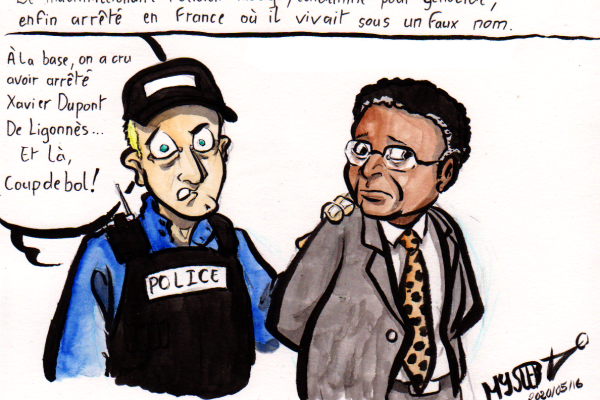 News cartoon by Myster Ty: The multimillionaire Félicien Kabuga, convicted of genocide, finally arrested in France under a false name.
- a police officer: “At first, we thought we had got our hands on Xavier Dupont De Ligones, and then, luckily!”
