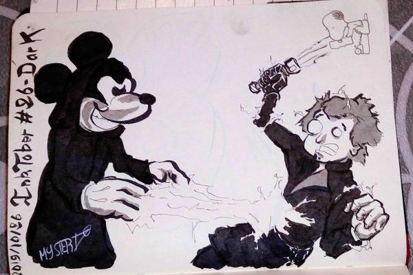 Indian ink drawing by Myster Ty: Mickey dressed as Palpatine strikes down Luck Sky Walker