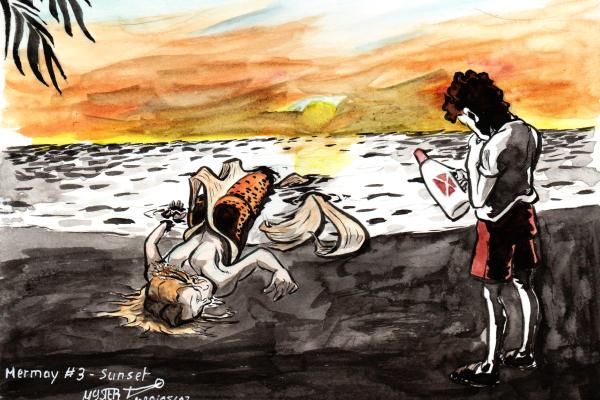 Watercolor by Myster Ty: a mermaid is found washed up on the beach, in the golden light of the sunrise. A swimmer reads the label and wonders about using a can of bleach to disinfect the beach.