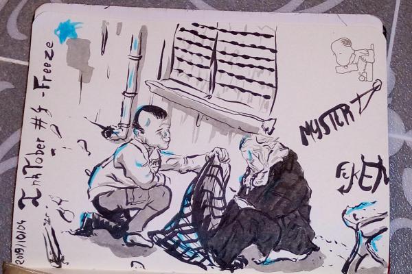 Drawing by Myster Ty: a rescuer goes to see a homeless person in the street in the middle of winter under the snow. The image is modeled on that of Macron.