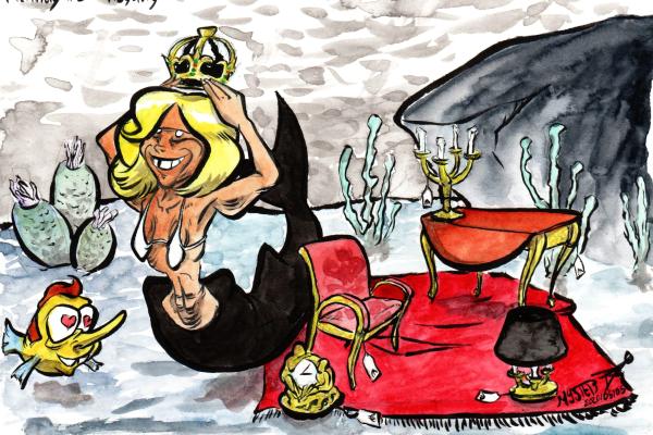 Mermay by Myster Ty: Brigitte Macron as a wrinkled little mermaid puts on a crown in front of a display of Elysée furniture on sale and a Macron - Polochon