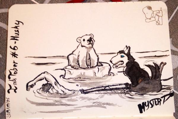 Dessin par Myster Ty : un homme tire un traîneau flottant à la nage avec son husky dedans devant un ours polaire s'accrochant à un dernier morceau de banquise.