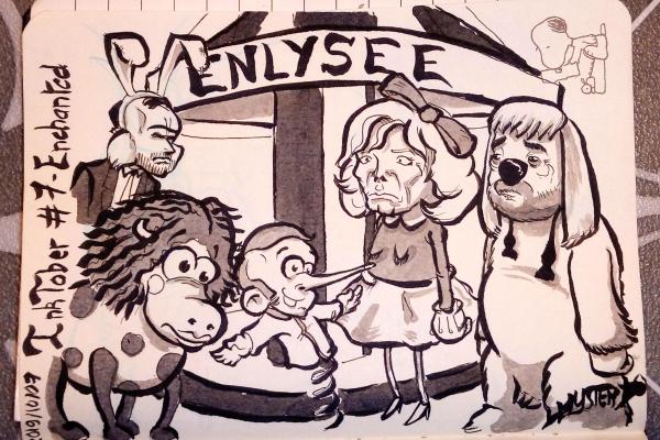 Drawing by Myster Ty: caricature of the government on an enchanted merry-go-round. Macron is Zébulon, Brigitte is Margote, Sibeth is the little cow Azalée, Edouard Philippe is Flappy, and Castaner is Pollux. Everyone is making a face except little Emmanuel.