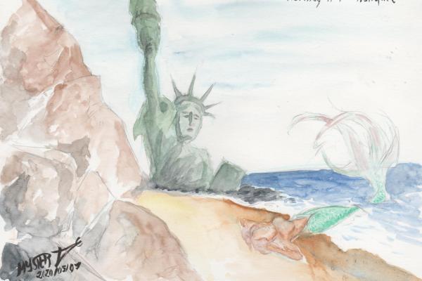 Mermay par Myster Ty : une sirène se prélasse sur la plage, à côté de la statue de la liberté à moitié enfouie dans le sable, en référence à la fin de la planète des singes.