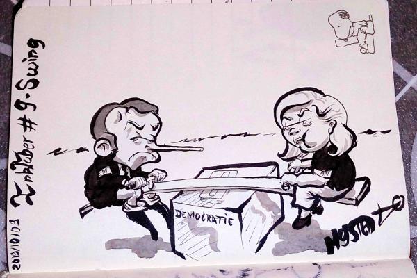 Drawing by Myster Ty. Macron and Lepen play the “tap-ass” swing on a ballot box. Both are angry.