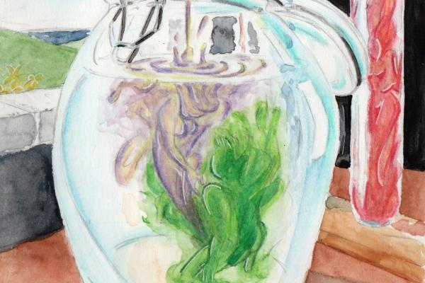 Peinture à l'aquarelle par Myster Ty : Underwater Love. Dans un atelier ancien, des formes de vies constituées d'encres liquident se retrouvent dans des éprouvettes. Au premier plan, une pipette verse l'une d'entre elle, violette dans un bocal déjà occupé par une autre, verte.