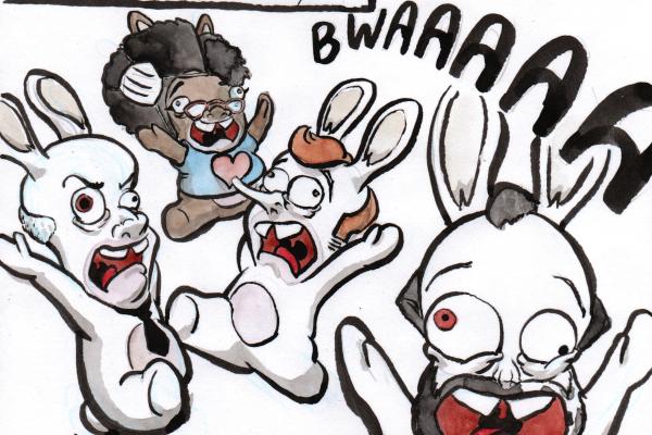 News drawing by Myster Ty: Macron, Sibeth, Philippe and Blancker, represented as raving rabbits, running in all directions screaming “bwaaaaa!”