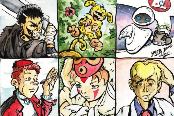 6 fanart challenge by Myster Ty: in order: Gatsu from Berserk, the Marsupilami, E.V.E from Wall-E, Spirou, Princess Mononoke and finally Onizuka from G.T.O