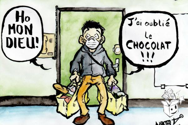 Current drawing by Myster Ty: his character, returning home, bags full of shopping: "HO MY GOD! I forgot the chocolate!!!"