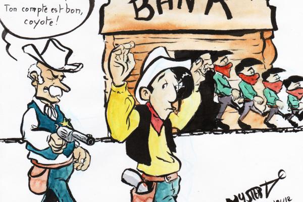 News drawing by Myster Ty: Lucky Luke, without a mask, is arrested by the police while the Daltons can move around peacefully with their masks. The Sharif: “Your account is good, my fellow!”