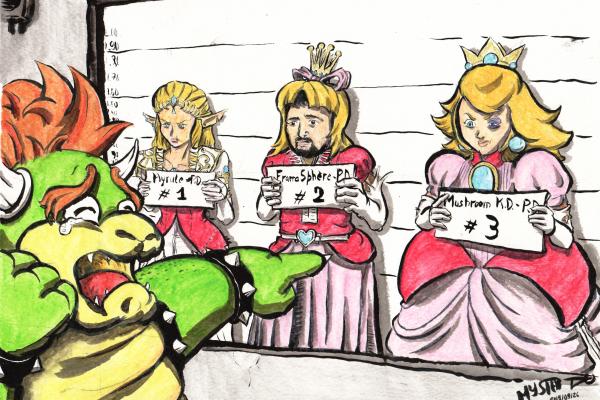 Drawing by Myster Ty: Bowser at the police station identifies his attackers. Behind the blind mirror, there is Zelda, Me with a wig, and Peach.