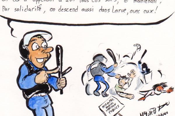 Dessin d'actu par Myster Ty, encre et aquarelle.

Un flic, devant ses colègues qui tabassent des soignant⋅es en manif : "On les a applaudi à à 20h tous les soirs, et maintenant, par solidarité, on descend aussi dans la rue avec eux !"

Sur une pancarte à terre, on peut lire "plus de fric pour les hôpitaux publics"