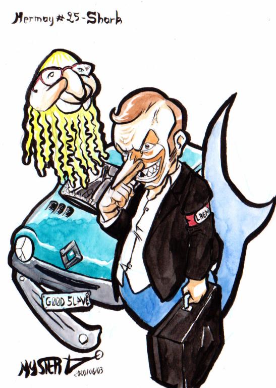 Mermay 2020 #25 - Requin, par myster ty, encre et aquarelle.

Macron en requin avec une valise de billets devant une épave de renault twingo imatriculée "g00d 5l4ve", avec Murielle Pellico en grosse méduse flottant sans bute, satisfaite de sa condition.